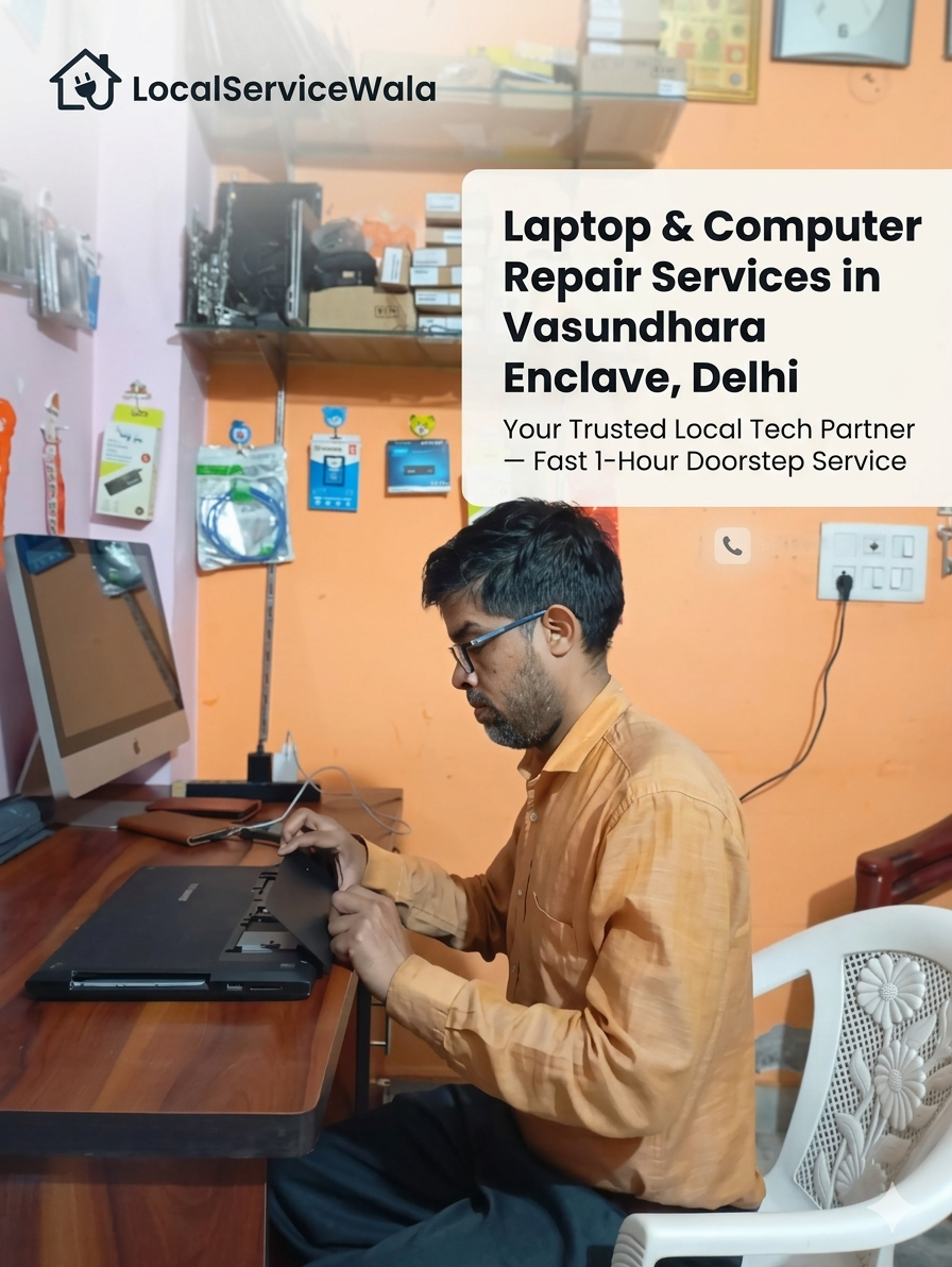 Localservicewala technician repairing a laptop onsite at a customer desk in Vasundhara Enclave Delhi